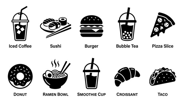 Modern silhouette flat vector icon set featuring contemporary foods and beverages%3A iced coffee  sushi  burger  bubble tea  pizza slice  donut  ramen bowl  smoothie cup  croissant  and taco