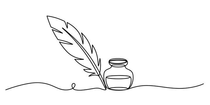 Continuous line drawing of a feather pen and ink bottle