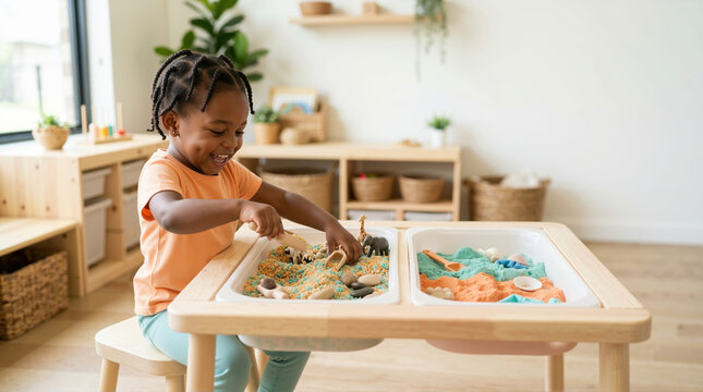 Smiling black toddler girl playing with sensory bins. Young child exploring textures with colored sand and toy animals. Early childhood development and sensory play concept