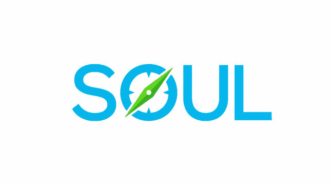 Word Soul with a green compass needle replacing the letter O in a flat vector graphic design style on a white background