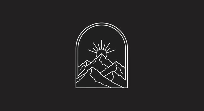 Minimalist line art logo featuring serene mountain peaks bathed in a radiant sunrise, ideal for outdoor brands