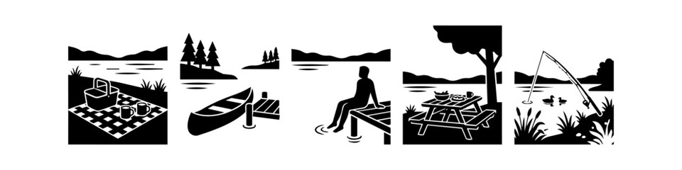 Set of black and white minimalist icons showing lakeside leisure: picnic, canoe at dock, person on pier, picnic table, and fishing. Ideal for outdoor recreation and summer travel themes. © Nort Kor