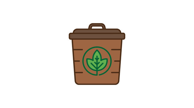 Brown compost bin with green leaf symbol for organic waste recycling and sustainability