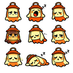 Fototapeta premium Cute Tired Lantern Ghost Character Set, Kawaii Sleepy Halloween Lamp Doodle Sticker Collection with Sad Expressions