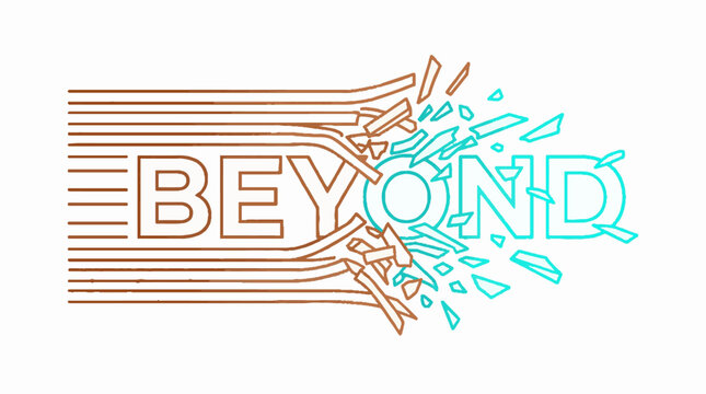 Beyond word typography with brown linear transition into cyan shattered fragments in a minimalist vector illustration style on a white background