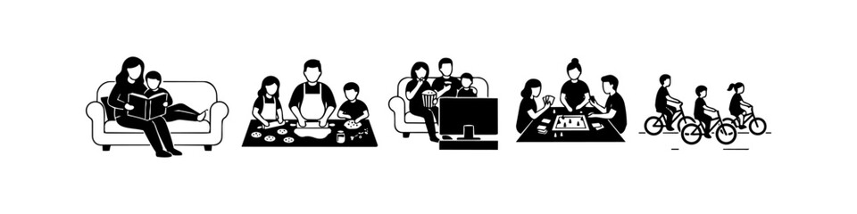 Fototapeta premium Black and white vector icons showing family bonding activities: reading, baking, watching movies, playing board games, and cycling. Ideal for lifestyle, parenting, and home life concepts.