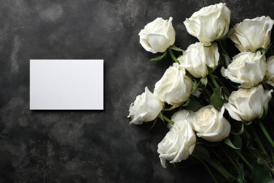 Minimalist sympathy scene featuring white roses and a blank space for a heartfelt message on a dark surface