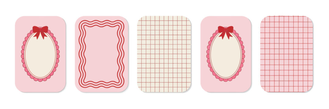 Cute vertical backgrounds, doodle checkered patterns and decorative border frames, aesthetic social media template and printable stationery vector.