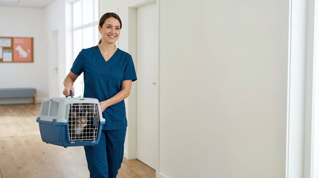 Smiling female veterinarian carrying a cat in a pet crate. Professional woman in blue scrubs walking in a clinic hallway. Veterinary medicine and animal care concept