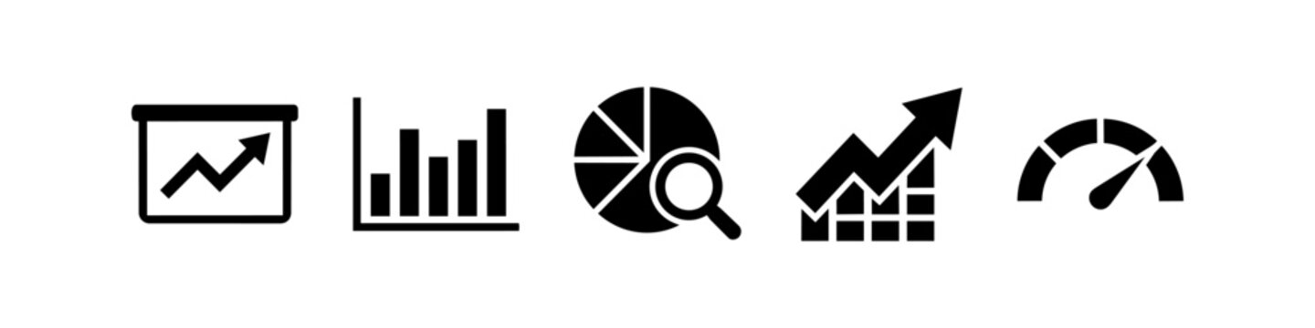 Set of five black business icons representing data analysis, growth, and performance metrics, including line charts, bar graphs, a pie chart with a magnifying glass, and a speedometer gauge.