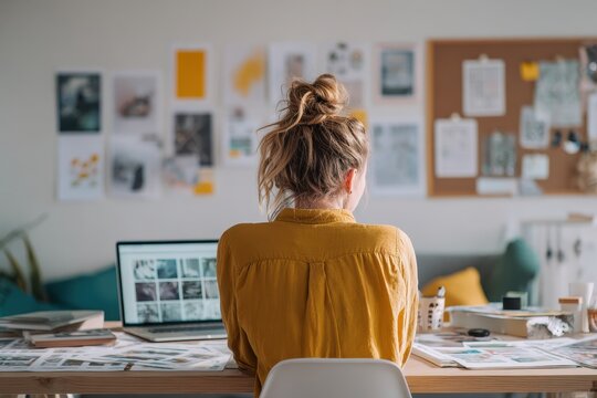 Modern design studio: woman refining classroom posters and layout concepts at a tidy desk