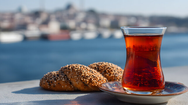 turkish tea glass with simit pastry