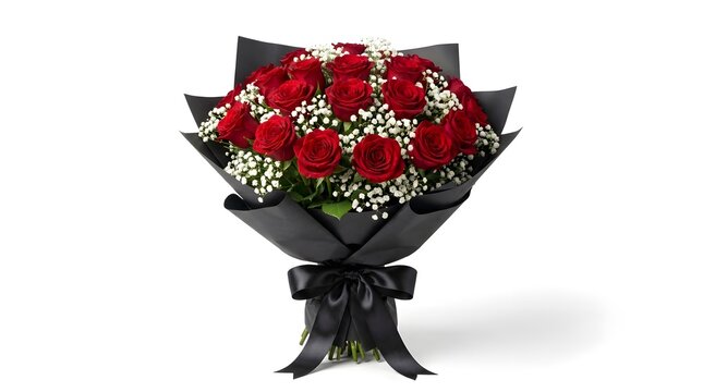 Bouquet of red roses arranged with baby's breath and black wrapping on white background