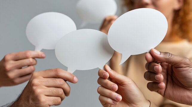 Hands Holding Blank Speech Bubbles in Conversation