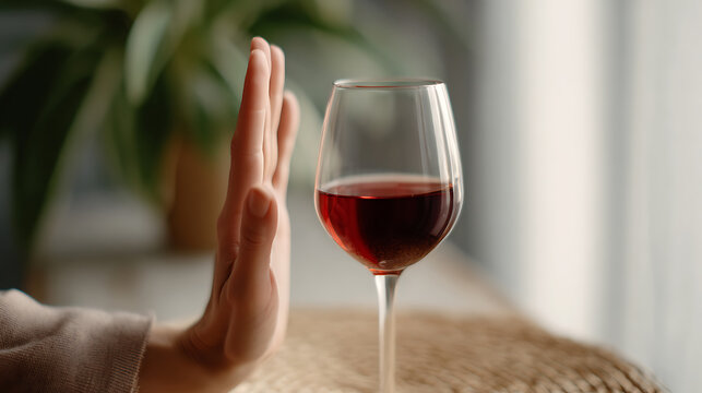 Person Hand Gesture Reject Glass of Red Liquid, Healthy Lifestyle Choice, Alcohol Aversion, Sobriety Concept, Addiction Freedom