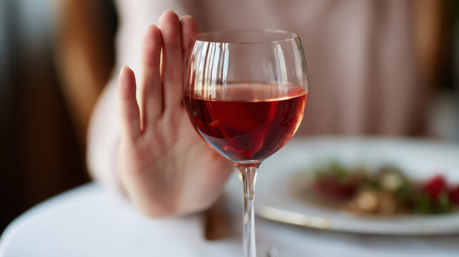 Woman's Hand Refuse Glass of Red Beverage at Dinner Table, Reject Alcohol, Choose Healthy Life, Sobriety, Self-Control Concept