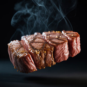 bespoke seared wagyu beef steak slices with rising steam, high fidelity gourmet meat asset for elite branding