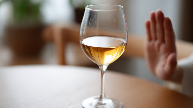 Person refuse unhealthy drink, show stop gesture to glass of beverage, concept of sobriety, health, avoid alcohol abuse, diet, and self control