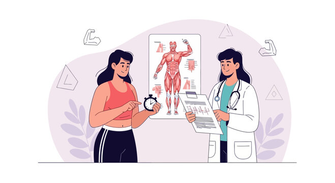 Doctor consulting patient on fitness and anatomy, muscle chart and timer