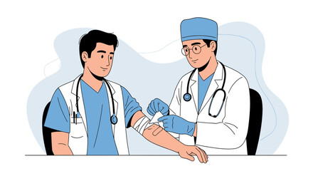 Fototapeta premium Doctor Applying Bandage to Patient's Arm, Medical Care