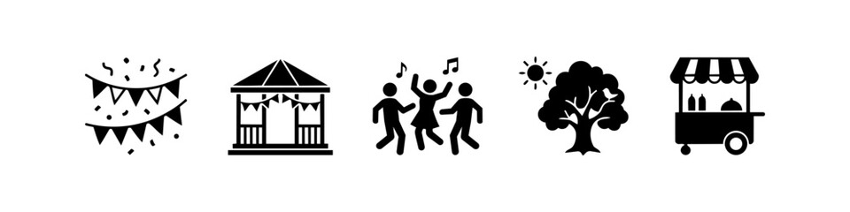Set of black silhouette icons for an outdoor festival or community party, featuring bunting, a gazebo, dancing people, nature elements, and a food cart for park events. © Nort Kor