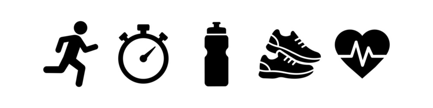 Set of black fitness and running icons featuring a runner, stopwatch, water bottle, sneakers, and heartbeat pulse. Minimalist vector symbols for sports, workout, and healthy lifestyle designs.