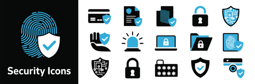 Security protection icons, blue and black lock and shield symbols, cybersecurity and safety vector illustration