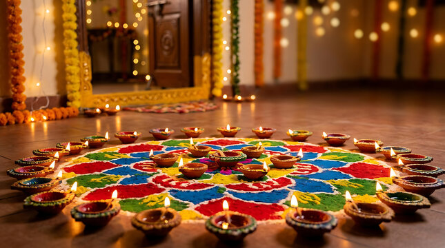 Colorful rangoli art on golden floor