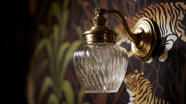Elegant clear glass wall sconce with antique brass mount on a dark patterned wall, showcasing classic interior design and sophisticated lighting