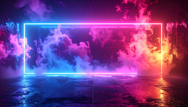 Neon rectangle glowing with pink and blue smoke effects, vibrant futuristic abstract background with wet floor reflections