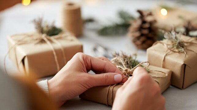 Hands Wrapping Natural Holiday Gifts with Twine