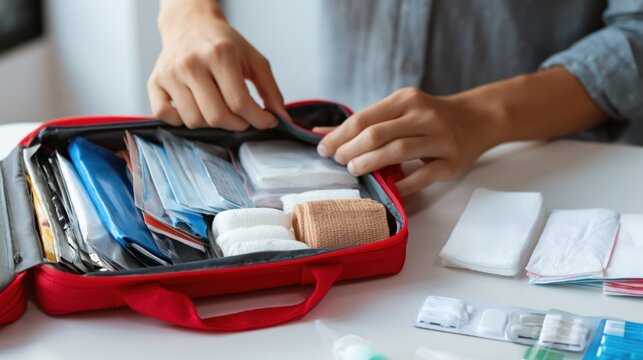 Open first aid kit with medical supplies on desk