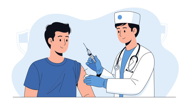Doctor administering vaccine injection to patient's arm, medical illustration