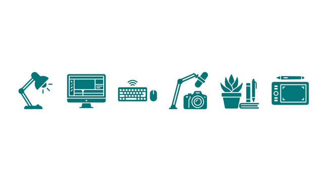 Digital Art and Design Tools Icons: Computer, Camera, Tablet, Lamp, Plant