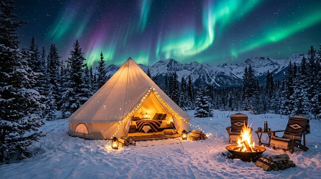 Luxurious bohemian canvas bell tent illuminated from within glows warmly under a brilliant aurora borealis night sky by a cozy winter fire.