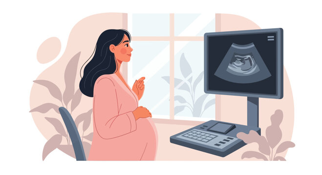 Pregnant woman observing ultrasound image on monitor, expecting mother anticipation
