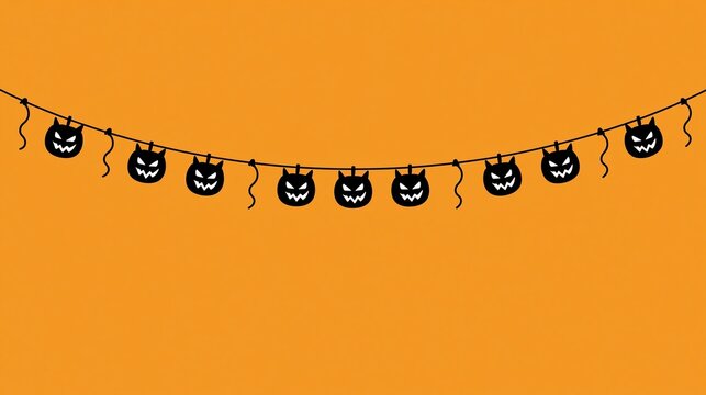 Horizontal bunting garland of black evil jack o lantern pumpkin silhouettes with grinning faces on black string against solid orange background for halloween
