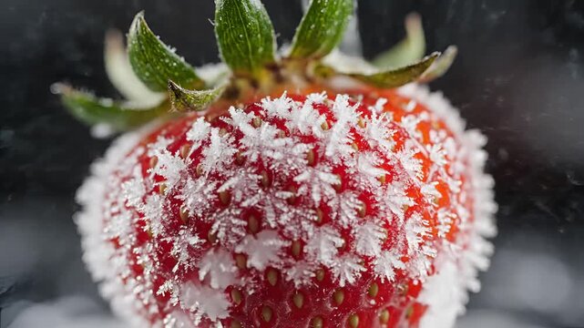 Closeup of a fresh strawberry being sprayed with water creating a frosty effect.