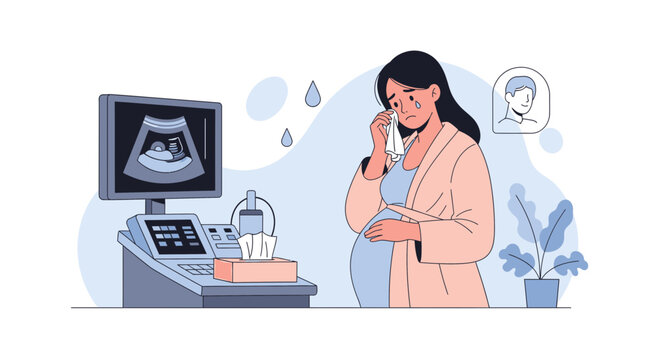 Pregnant woman crying at ultrasound, emotional distress, single parent, pregnancy loss