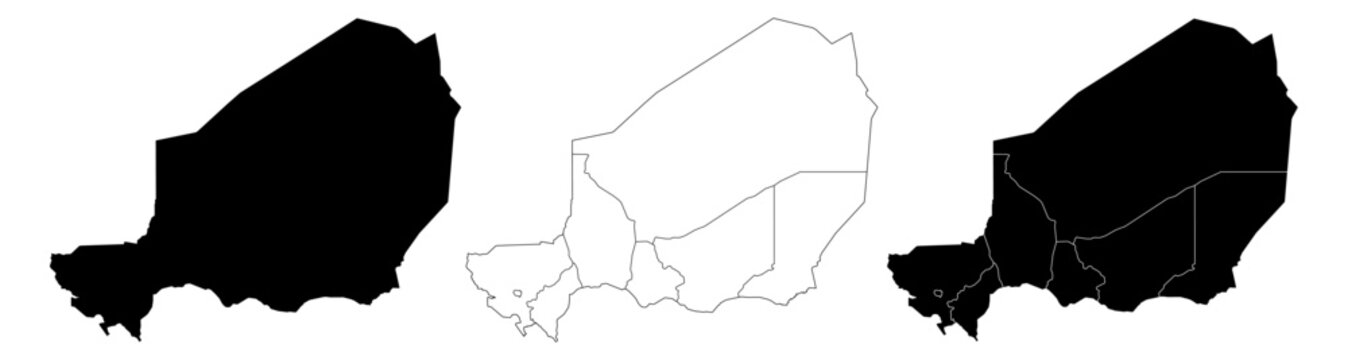 Minimalist regions Niger map vector in black and white, Niger country map silhouette black illustration, Blank map of Niger with administrative boundaries, Niger political map line art