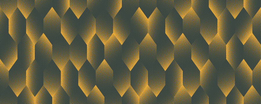 Vector abstract scale grid wide panoramic background with yellow green hues, halftone dots and grain texture. Crystal scales pattern with dotted structure, rich luxurious geometry and posh rhythm