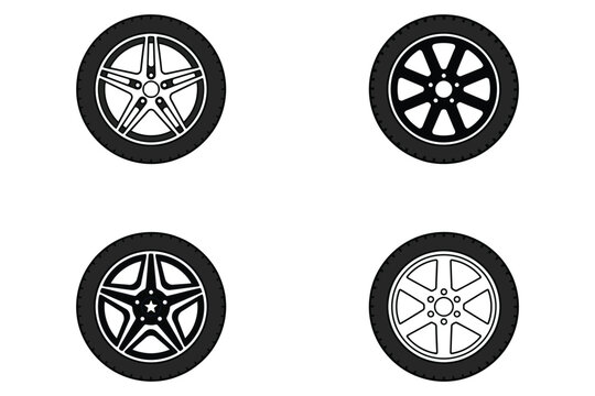 Set of black car wheel tires with alloy rims vector flat illustration icons isolated on white background