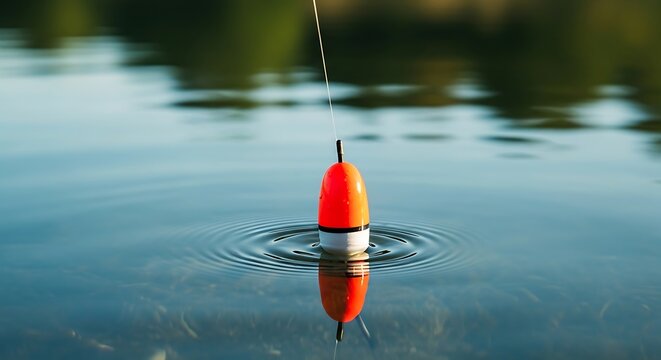 Orange and white fishing float bobbing on calm blue water