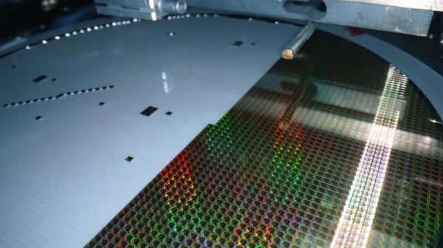 Slow Motion Video of Pick Up Silicon Die From Wafer Microchip Assembly Line in 4K Ultra HD footage.
