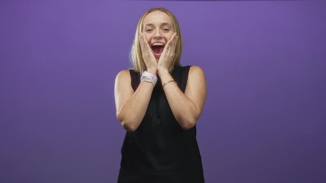 Woman with blonde hair, hands on cheeks and mouth open in surprised pose wearing sleeveless black top and bracelets against a purple studio wall; surprise joy.