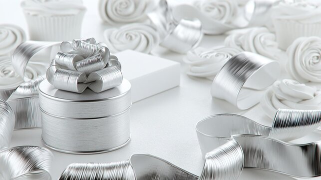 Round silver gift box decorated with big silver bow surrounded by flowing silver ribbon on white base with blurred frosted cupcakes for holiday gifting
