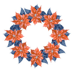 Obraz premium Watercolor Christmas poinsettia wreath. Isolated winter holiday floral round frame. For Christmas greeting cards, logos, invitations, and seasonal branding.