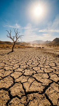 Paisaje seco y agrietado por la sequ&iacute;a causada por temperaturas extremas de verano.