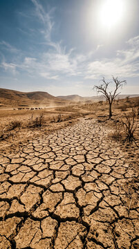 Paisaje seco y agrietado por la sequ&iacute;a causada por temperaturas extremas de verano.