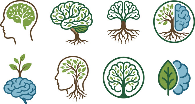 Brain tree logo vector icon set, mental health psychology symbol with green leaves, roots and human head profile for mental growth and therapy